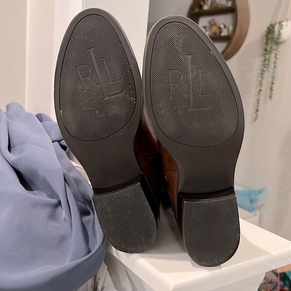 Lauren Ralph Lauren Madisen Leather Riding Boots Sz 7 Brown Embossed Monogram - Picture 12 of 14